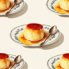 Seamless Watercolor Pattern of Caramel Topped Pudding Dessert