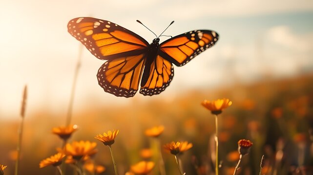 Majestic monarch butterfly takes flight above a field of golden orange flowers during a warm sunset