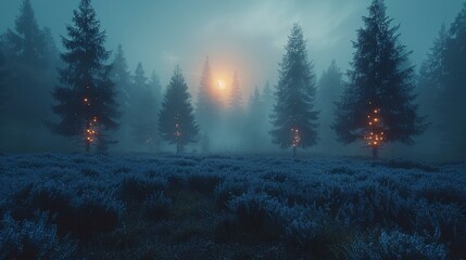 Forest scene; dusk, low light, trees with glowing spots in a field, misty blue background