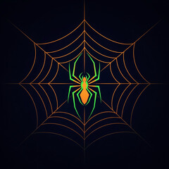 Vibrant Halloween Spiderweb Orange Green Spider on Glowing Orange Web Dark Background Striking Visual Nature Inspired Spooky