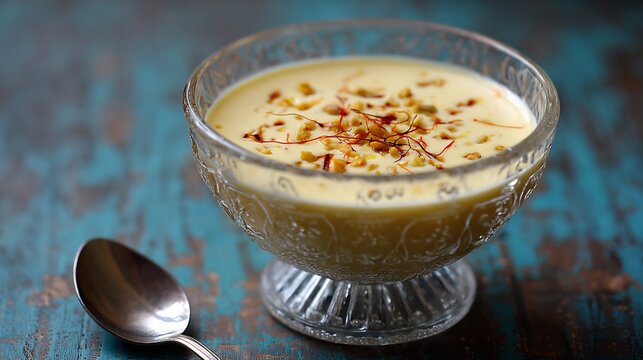 Pakistani rabri sweet condensed milk decorative glass bowl with saffron and cardamom served on party table top down view