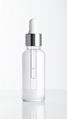 Clear Glass Dropper Bottle with Silver Cap on White Background