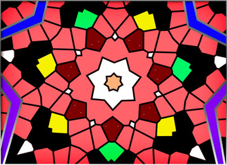 A vibrant kaleidoscopic pattern features geometric shapes in rich reds, pinks, and contrasting colors like yellow, green, and blue. The symmetrical design creates a mandala-like appearance 