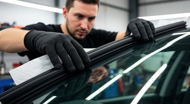 Professional auto detailer cleaning car windshield rubber seal with cloth