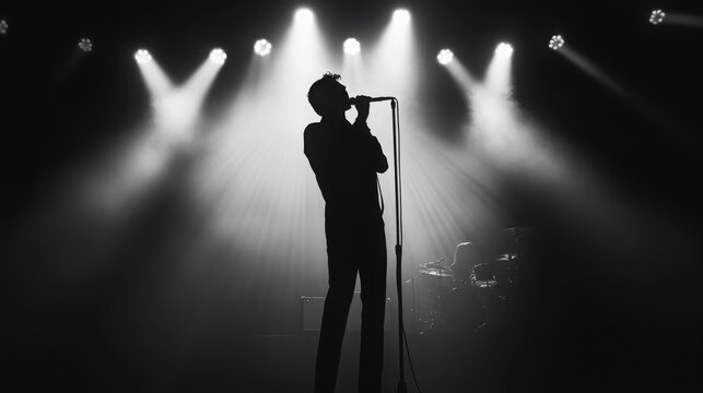 Silhouette of singer on stage in spotlights. Banner design