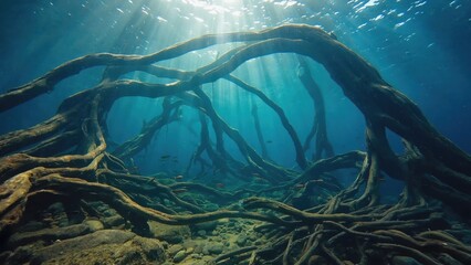 Sunlit underwater mangrove roots and fish habitat