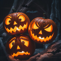Stacked Glowing Halloween Pumpkins Illuminated Carved Faces Eerie Light Bats Flying Cobwebs Festive Spooky Ambiance