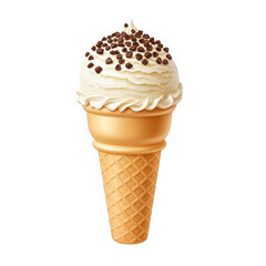 Delicious vanilla ice cream cone topped with chocolate chips on a black background