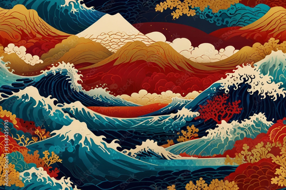 Poster an artistic rendition of waves crashing with mountains and trees in the background scene design crea