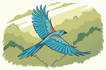 watercolor painting, bird in flight, blue feathers, wings spread, dynamic composition, vibrant colors, textured background, natural scenery