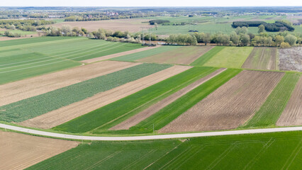 Aerial view of vibrant agricultural fields showcasing various crops and green pastures under a clear sky. Ideal for discussing farming, sustainability, and rural landscapes.