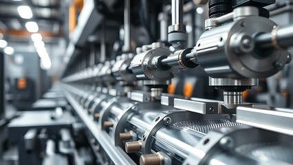 Fototapeta premium Close-up of industrial machinery in motion, showcasing metallic reflections under soft overhead lighting.