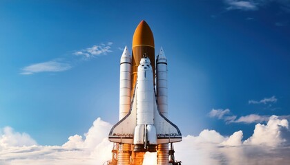 Space Rocket Ready for Launch, Realistic Panoramic Close-Up of Sky Background