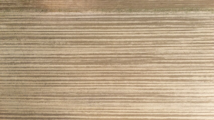 Aerial view of meticulously plowed farmland showcasing geometric patterns in soil. The scene...
