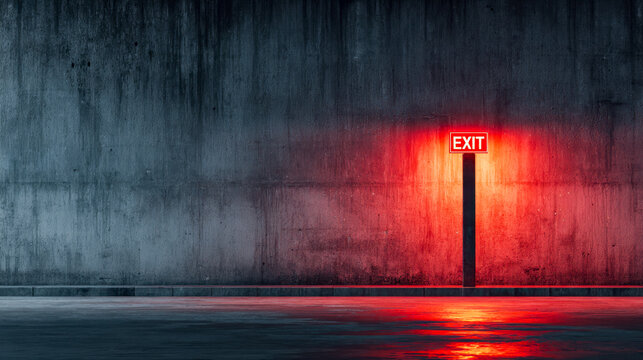 Illuminated exit sign casting red glow on concrete wall at night