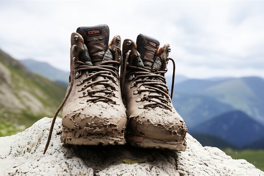 Mud-caked hiking boots rest on a weathered rock, set against a rugged mountain landscape evoking adventure and the great outdoors.