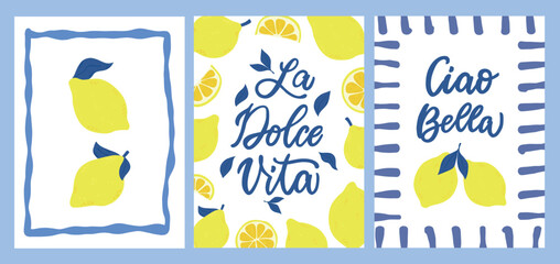 Retro lemons posters, prints, wallpapers, banners collection decorated with lettering quotes and hand drawn lemons with blue leaves. EPS 10