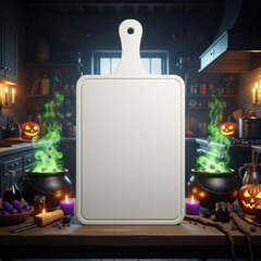Halloween Kitchen Witchs Brew White Cutting Board on Rustic Counter Bubbling Green Cauldrons Jack o Lanterns Purple Candles Spooky Potion Making Scene