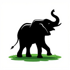 Obraz premium Joyful African Elephant Silhouette: Walking, Trunk Raised, Green Grass, Vector Illustration.