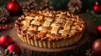 Festive apple pie on wood with ornaments and greenery. Cozy, holiday dessert centerpiece