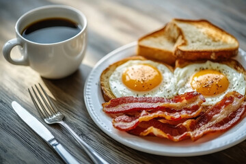 Homemade American breakfast. Fried eggs with bacon and toast, a cup of coffee, a knife and fork on a wooden table. Healthy breakfast. The concept of healthy eating. Morning Sunlight