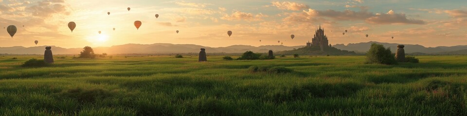 Fototapeta premium Hot air balloons at sunrise over lush green fields with distant castle