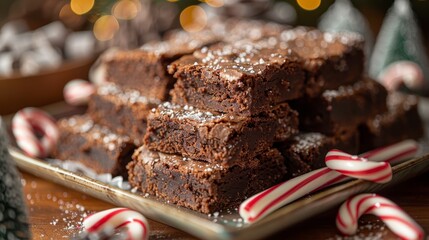 Stacked chocolate brownies dusted with sugar, surrounded by candy canes
