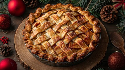 Baked lattice pie with festive decor