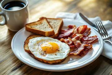 Homemade American breakfast. Fried eggs with bacon and toast, a cup of coffee, a knife and fork on a wooden table. Healthy breakfast. The concept of healthy eating. Morning Sunlight