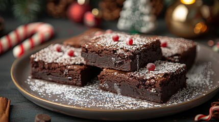 Brownies dusted with powdered sugar sit on a plate surrounded by festive decorations