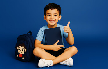Young Boy Ready for School Thumbs Up and Holding Textbook