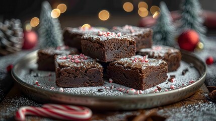 Brownies dusted with sugar, atop silver tray, surrounded by festive decorations