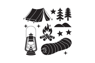 Obraz premium Camping icons featuring tent lantern campfire trees and stars
