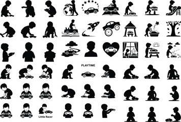 Toddler Playing with Toy Car Icon – Childhood Silhouette Pack Boy with Toy Car Silhouette Set – Cute Kids Playing Vector Icons