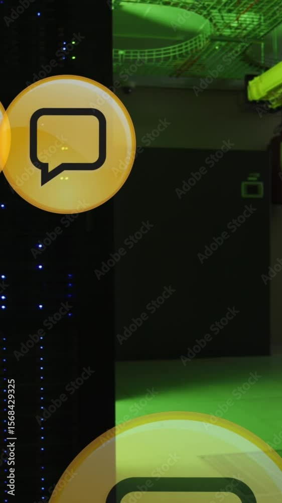 Poster animation of connections with icons and data processing over computer servers