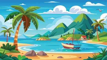 Tropical Beach Scene Illustration Palm Trees, Turquoise Water, Sailing Boat, and Green Mountains