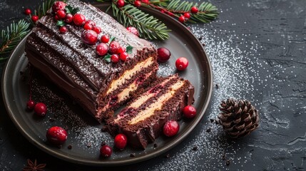 Festive dessert. Chocolate yule log cake with cranberries and icing sugar on plate with festive decor