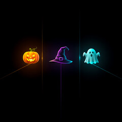 Minimalist Glowing Halloween Icons Black Background Vertical Light Lines Orange Purple Blue Jack o Lantern Witchs Hat Ghost Sleek Modern Holiday Design