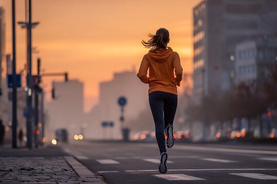 woman jogging on the street in the evening