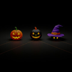 Glowing Halloween Icon Display Orange Black Jack o Lanterns Purple Witchs Hat with Glowing Eyes Dark Surface Orange Light Lines Spooky Glowing Elements
