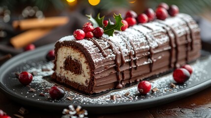 Chocolate yule log cake dusted with sugar and decorated with cranberries on a black plate