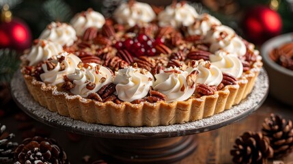 Festive pecan pie with whipped cream swirls on a stand