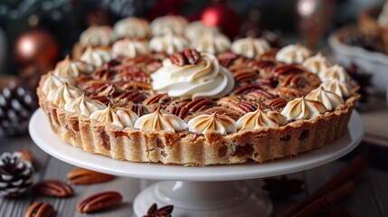 Festive pecan pie on stand, topped with whipped cream and meringue, holiday setting