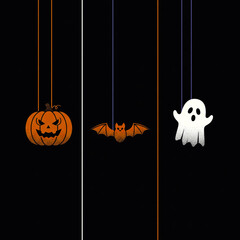 Stark Halloween Symbols Graphic Vertical Hanging Jack o Lantern Bat Ghost on Black Background White Orange Lines Minimalist Distressed Texture