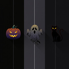 Modern Halloween Symbols Graphic Purple Jack o Lantern Grey Ghost Black Cat Striped Grey Black Background White Lines Clean Contemporary Design