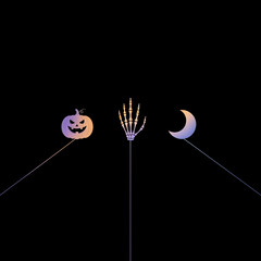 Subtle Spooky Halloween Icons Purple Orange Jack o Lantern Skeletal Hand Gradient Moon Glowing Lines on Black Background Minimalist Artistic Design