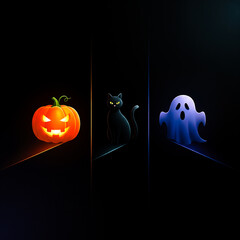 Minimalist Glowing Halloween Icons Jack o Lantern Black Cat White Ghost Vertical Glowing Lines Orange Blue Modern Clean Holiday Aesthetic