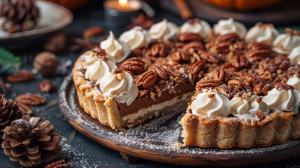Pecan pie dessert with whipped cream on a wooden board, festive holiday background
