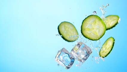 Fresh cucumber slices and ice cubes with water splash on light blue background for summer drinks