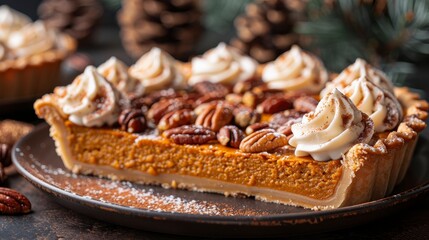 Sliced pecan pumpkin pie, topped with cream, on a plate. Pinecones & pine needles are behind